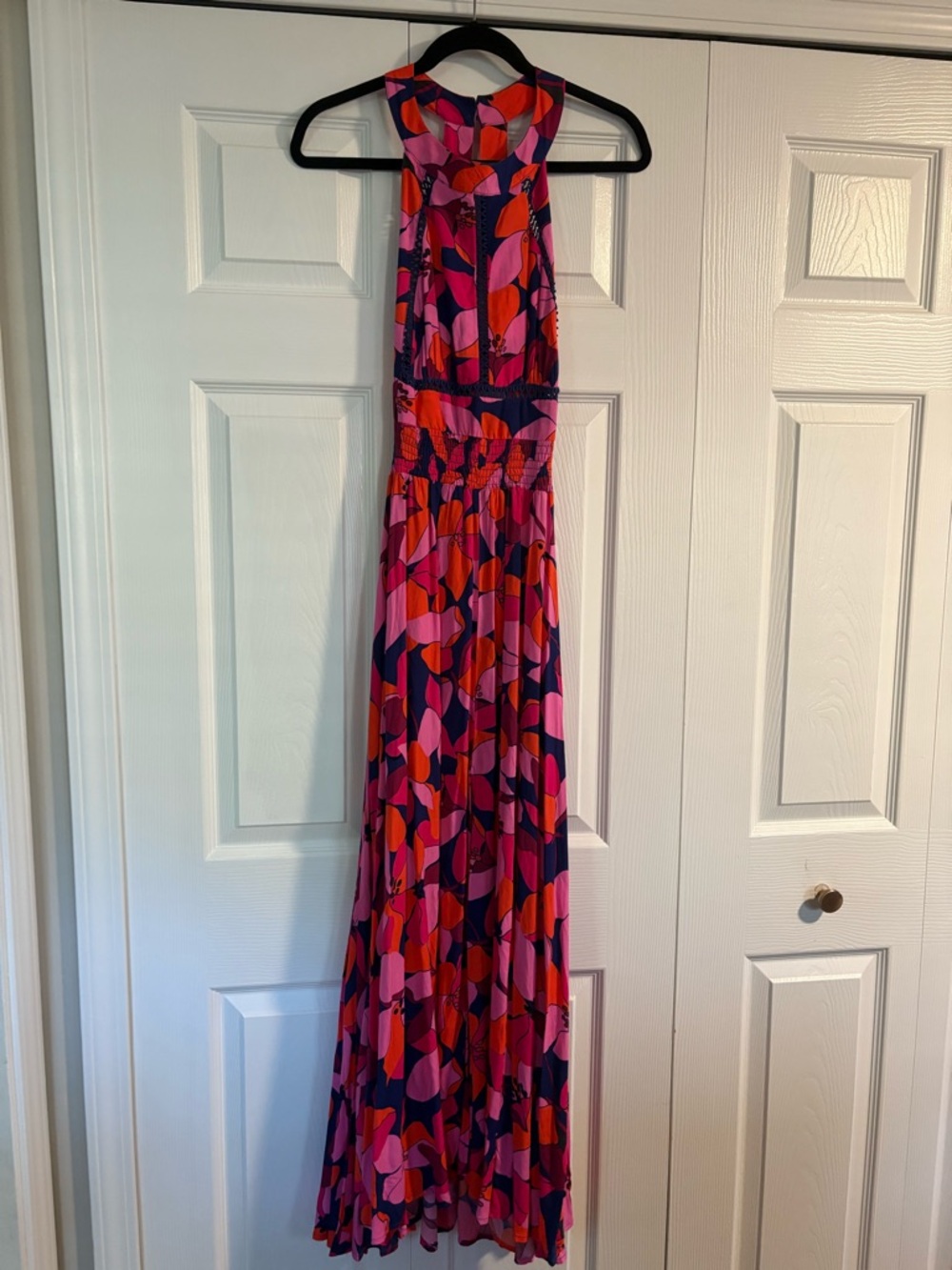 Anthropologie- Able the Label Halter Maxi Dress in Pink & Red Abstract Print - Picture 4 of 7